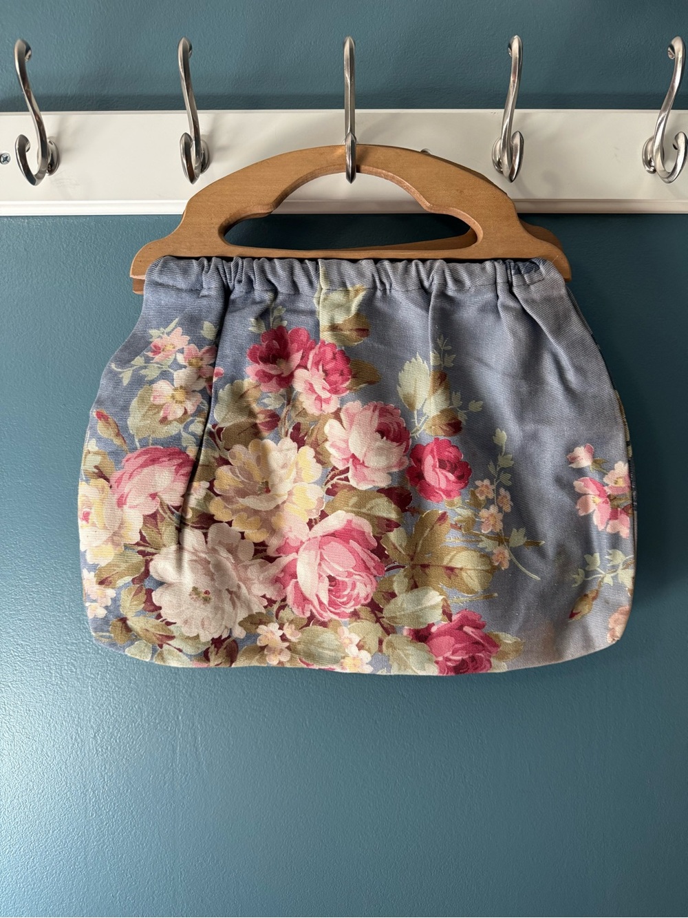 Floral Purse/sewing bag with wooden handle